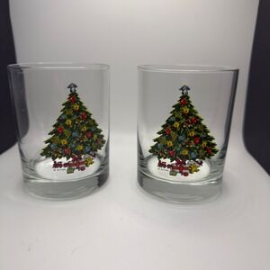 Vintage Action Christmas Tree Rocks Glasses Set of 2‎ Holiday Lowball Tumblers